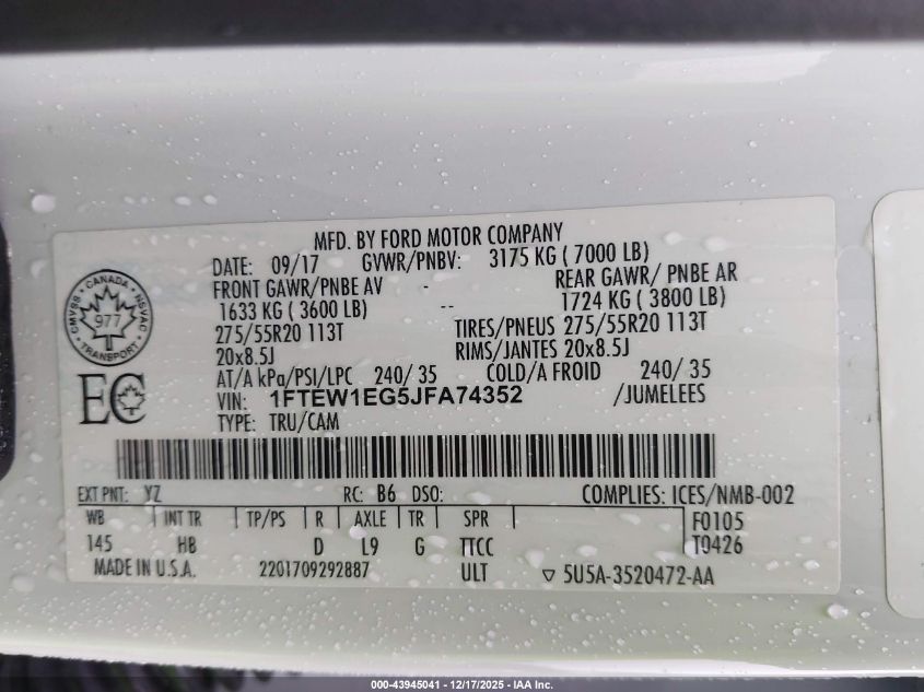 2018 Ford F-150 Lariat VIN: 1FTEW1EG5JFA74352 Lot: 43945041