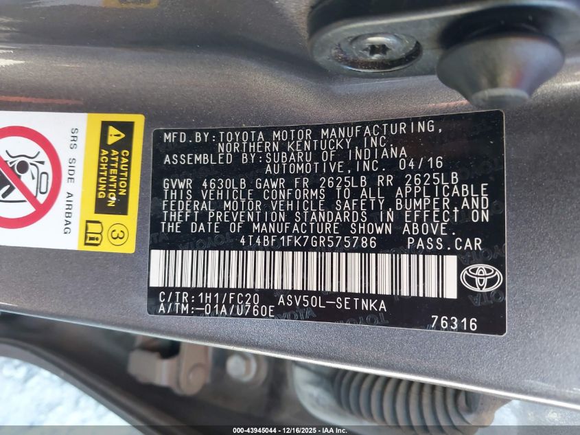 2016 Toyota Camry Le VIN: 4T4BF1FK7GR575786 Lot: 43945044