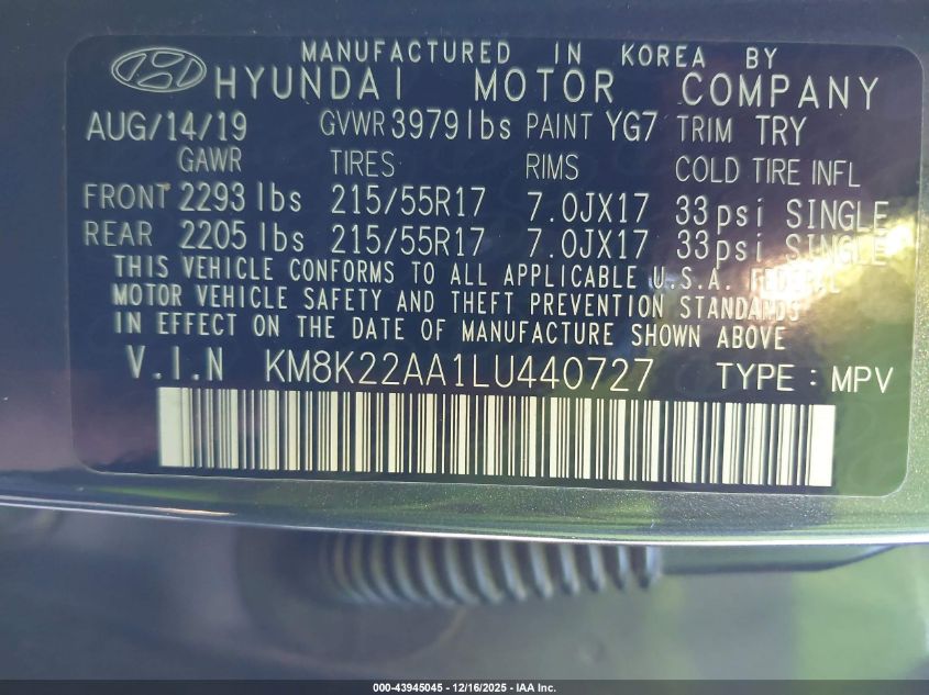2020 Hyundai Kona Sel VIN: KM8K22AA1LU440727 Lot: 43945045