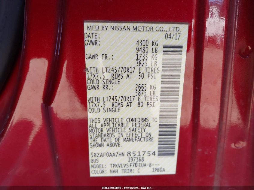 2017 Nissan Nv Passenger Nv3500 Hd Sl V8 VIN: 5BZAF0AA7HN851754 Lot: 43945050