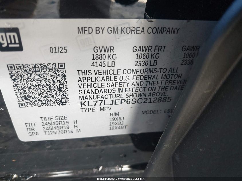 2025 Chevrolet Trax Fwd 2Rs VIN: KL77LJEP6SC212885 Lot: 43945053