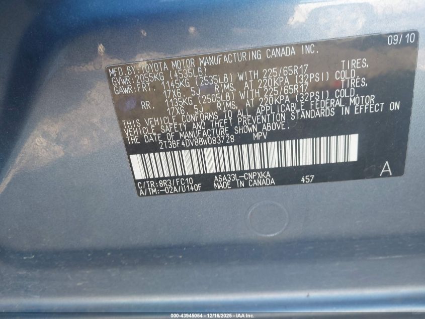 2011 Toyota Rav4 VIN: 2T3BF4DV8BW083728 Lot: 43945054