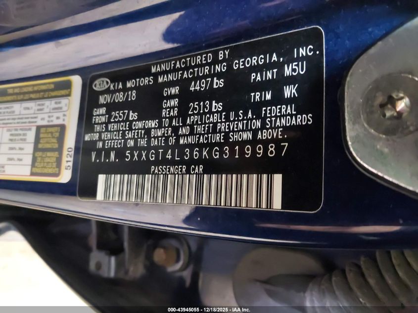 2019 Kia Optima Lx VIN: 5XXGT4L36KG319987 Lot: 43945055