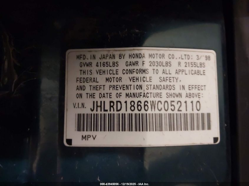 1998 Honda Cr-V Ex VIN: JHLRD1866WC052110 Lot: 43945056