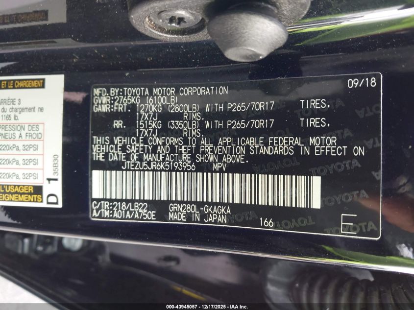 2019 Toyota 4Runner Sr5 Premium VIN: JTEZU5JR6K5193956 Lot: 43945057