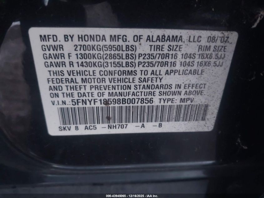 2008 Honda Pilot Ex-L VIN: 5FNYF18598B007856 Lot: 43945065