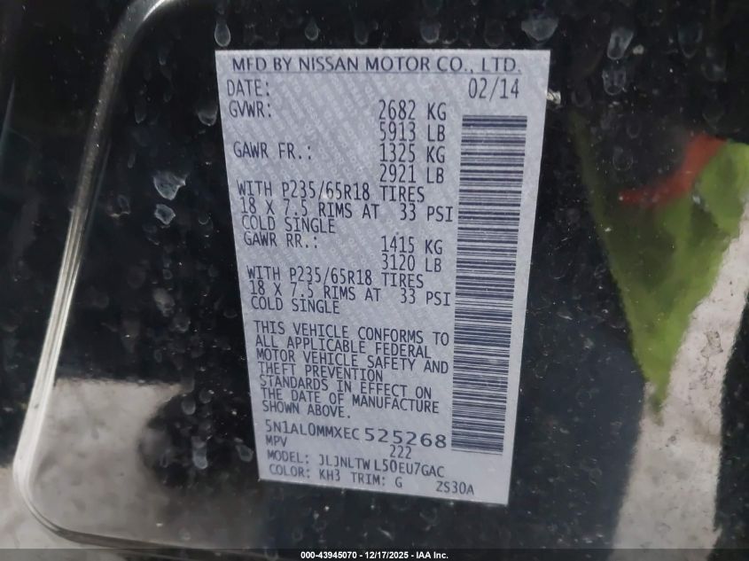 2014 Infiniti Qx60 VIN: 5N1AL0MMXEC525268 Lot: 43945070