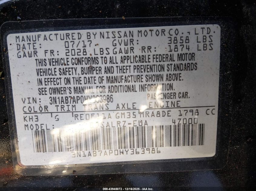 2017 Nissan Sentra Sr VIN: 3N1AB7AP0HY363986 Lot: 43945072