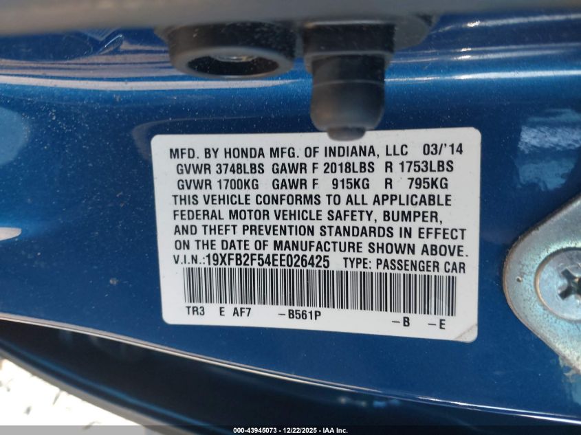 2014 Honda Civic Lx VIN: 19XFB2F54EE026425 Lot: 43945073