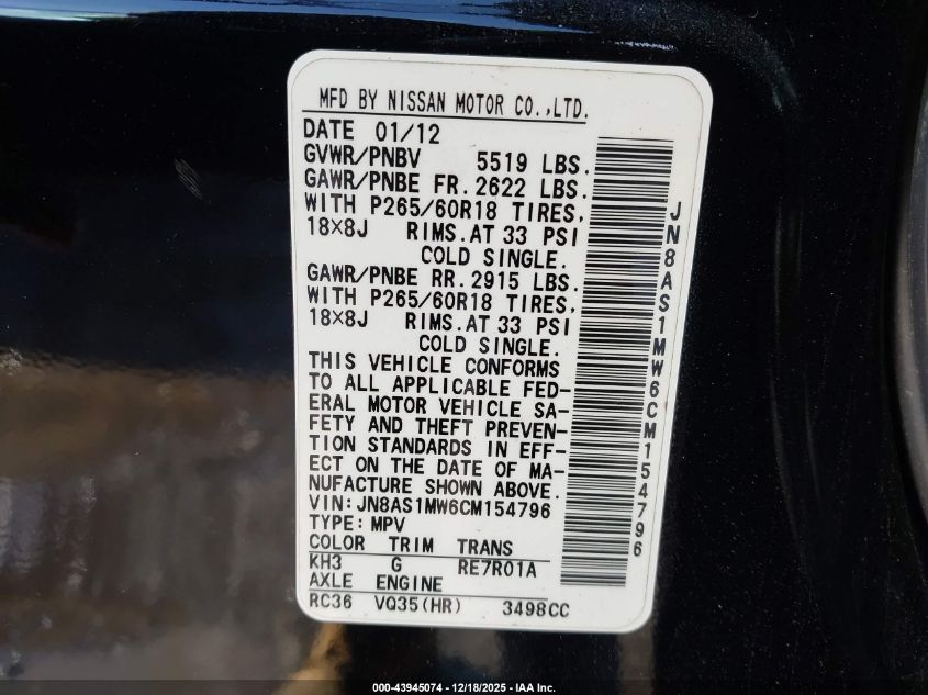 2012 Infiniti Fx35 VIN: JN8AS1MW6CM154796 Lot: 43945074