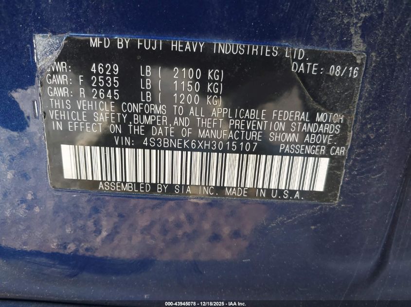 2017 Subaru Legacy 3.6R Limited VIN: 4S3BNEK6XH3015107 Lot: 43945078