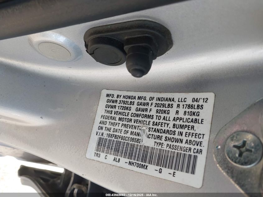 2012 Honda Civic Ex VIN: 19XFB2F80CE065827 Lot: 43945083