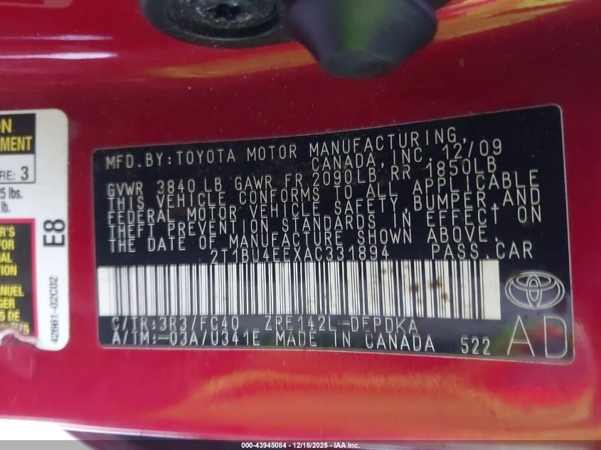 2010 Toyota Corolla Le VIN: 2T1BU4EEXAC331894 Lot: 43945084