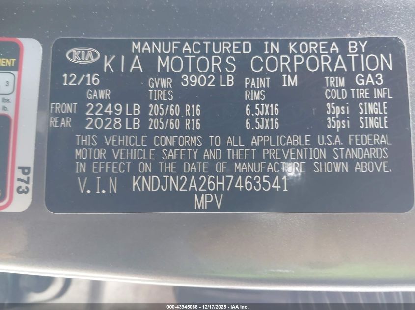 2017 Kia Soul VIN: KNDJN2A26H7463541 Lot: 43945088