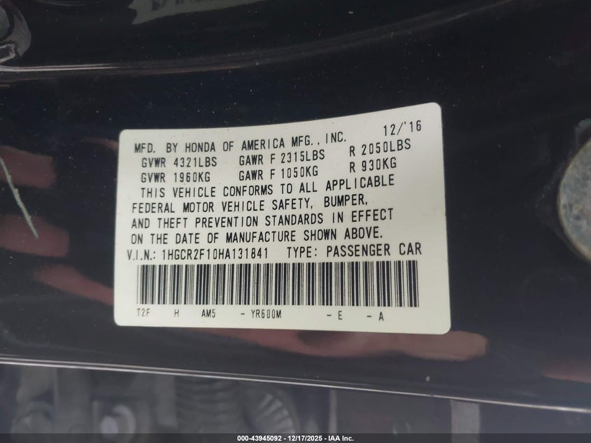 1HGCR2F10HA131841 2017 HONDA ACCORD photo no. 9