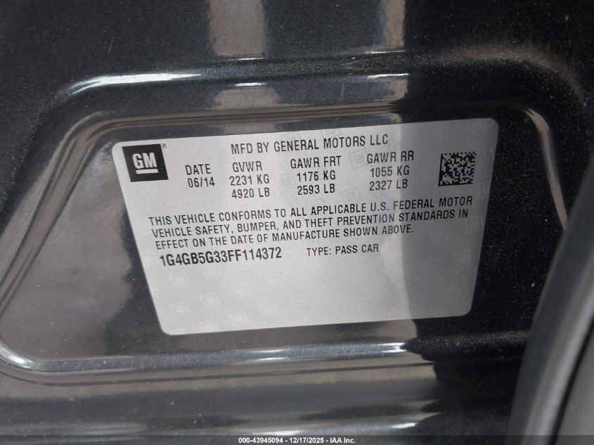 2015 Buick Lacrosse Leather VIN: 1G4GB5G33FF114372 Lot: 43945094