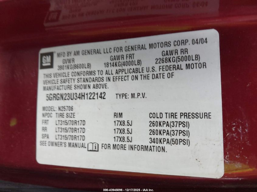 2004 Hummer H2 VIN: 5GRGN23U34H122142 Lot: 43945096