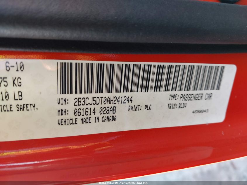 2010 Dodge Challenger R/T VIN: 2B3CJ5DT0AH241244 Lot: 43945099