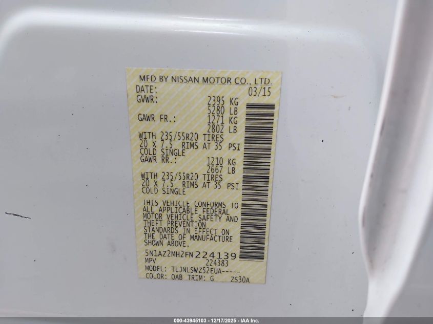 2015 Nissan Murano Platinum VIN: 5N1AZ2MH2FN224139 Lot: 43945103
