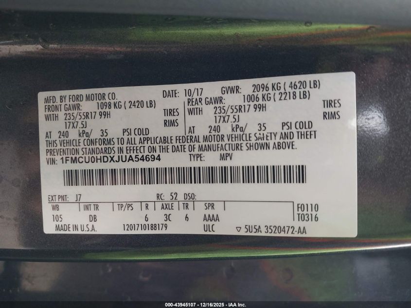 2018 Ford Escape Sel VIN: 1FMCU0HDXJUA54694 Lot: 43945107