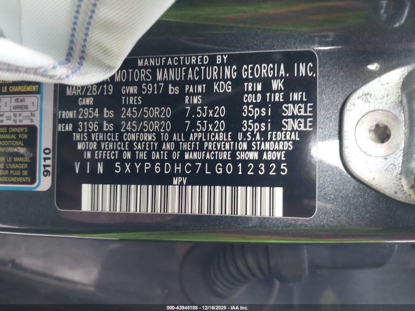 2020 Kia Telluride S VIN: 5XYP6DHC7LG012325 Lot: 43945108