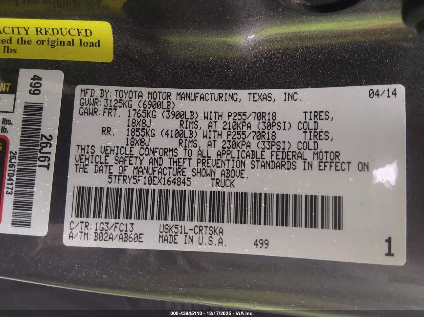 2014 Toyota Tundra Sr5 5.7L V8 VIN: 5TFRY5F10EX164845 Lot: 43945110