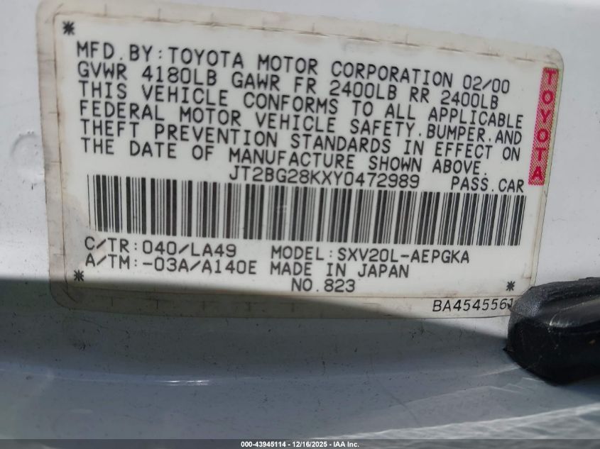 2000 Toyota Camry Xle VIN: JT2BG28KXY0472989 Lot: 43945114