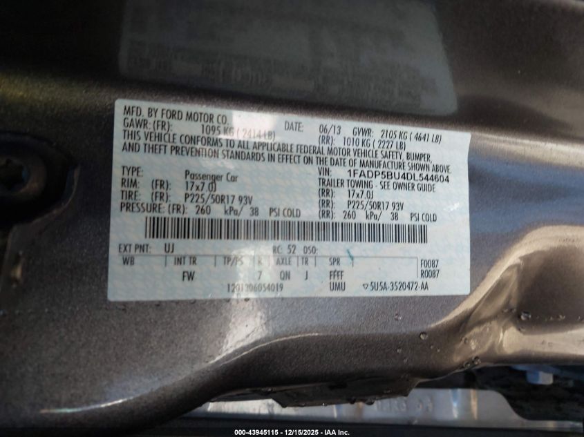 2013 Ford C-Max Hybrid Sel VIN: 1FADP5BU4DL544604 Lot: 43945115