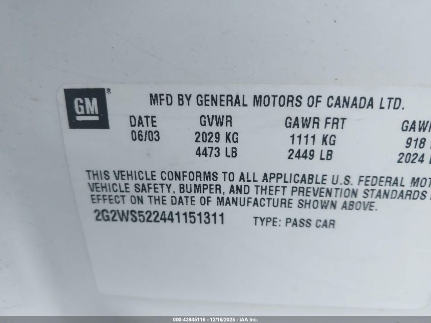 2004 Pontiac Grand Prix Gt2 VIN: 2G2WS522441151311 Lot: 43945116