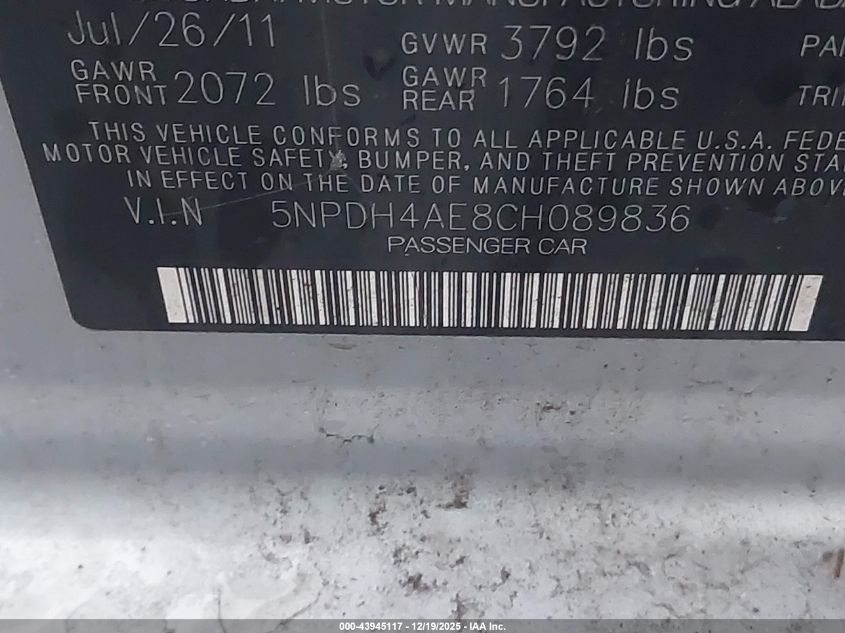 2012 Hyundai Elantra Gls VIN: 5NPDH4AE8CH089836 Lot: 43945117