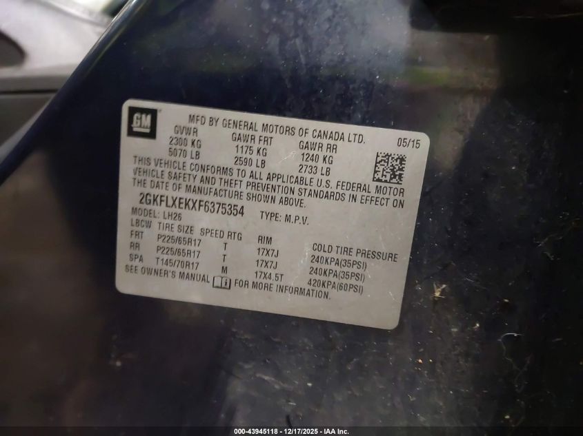 2015 GMC Terrain Slt-1 VIN: 2GKFLXEKXF6375354 Lot: 43945118