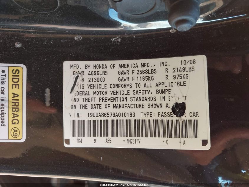 2009 Acura Tl 3.5 VIN: 19UUA86579A010193 Lot: 43945121