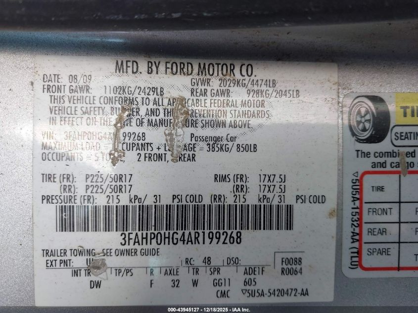 2010 Ford Fusion Se VIN: 3FAHP0HG4AR199268 Lot: 43945127