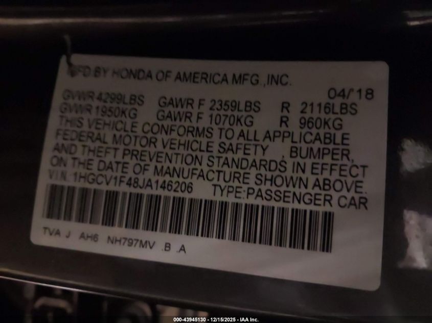 2018 Honda Accord Ex VIN: 1HGCV1F48JA146206 Lot: 43945130