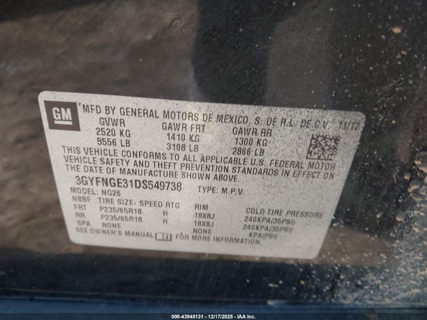 2013 Cadillac Srx Luxury Collection VIN: 3GYFNGE31DS549738 Lot: 43945131