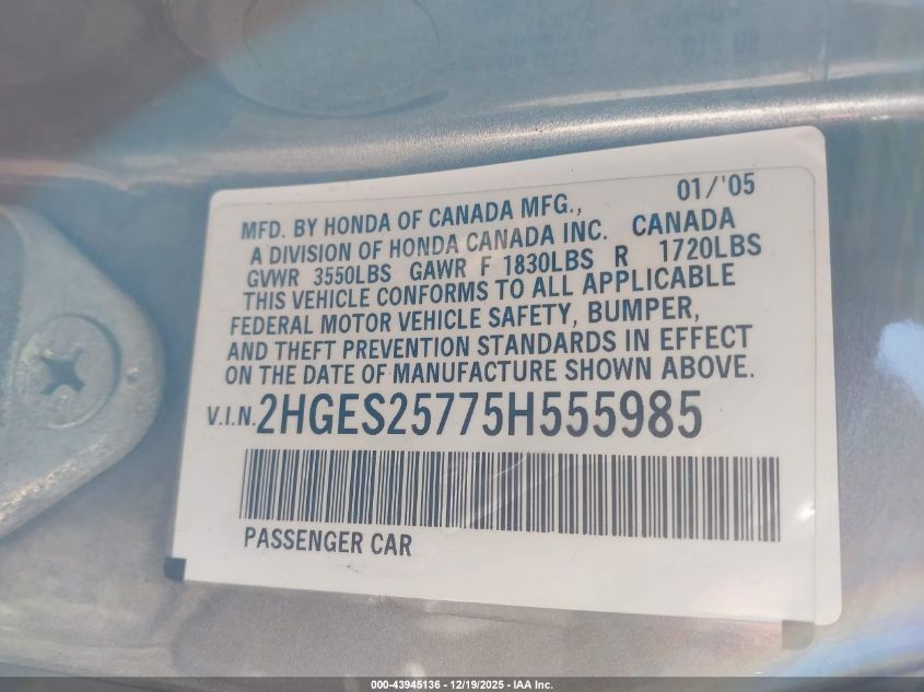 2005 Honda Civic Ex VIN: 2HGES25775H555985 Lot: 43945136