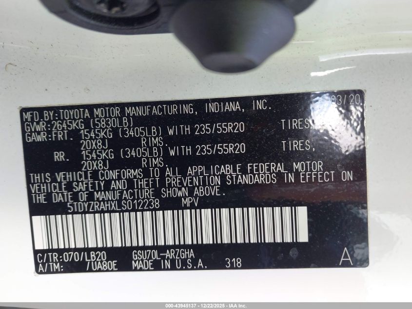 2020 Toyota Highlander Limited VIN: 5TDYZRAHXLS012238 Lot: 43945137