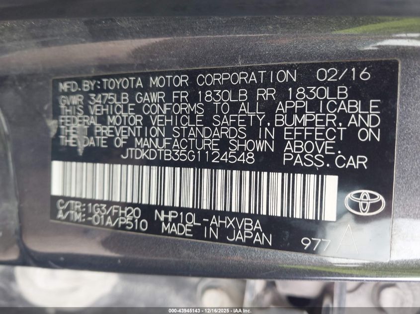 2016 Toyota Prius C One VIN: JTDKDTB35G1124548 Lot: 43945143