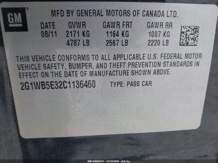 2012 Chevrolet Impala Lt VIN: 2G1WB5E32C1136460 Lot: 43945147