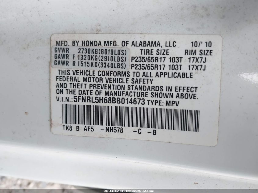 2011 Honda Odyssey Ex-L VIN: 5FNRL5H68BB014673 Lot: 43945153