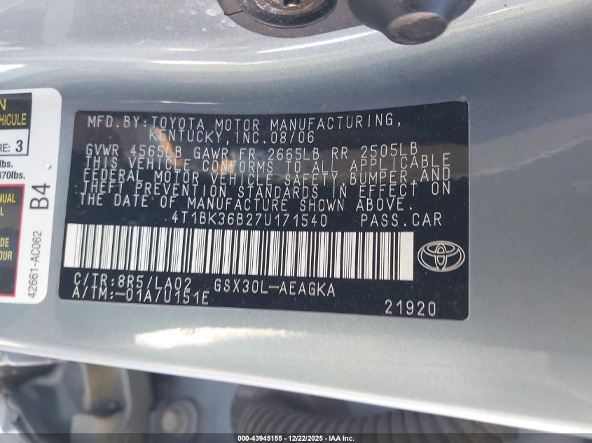 2007 Toyota Avalon Xls VIN: 4T1BK36B27U171540 Lot: 43945155