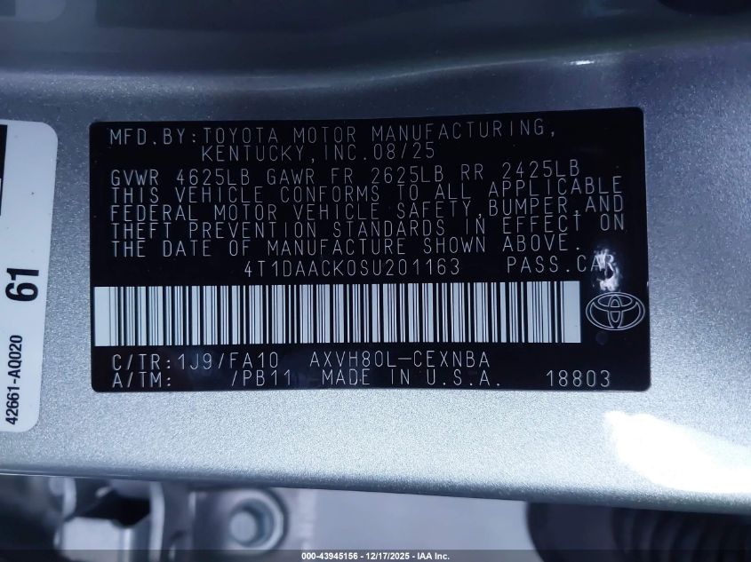 2025 Toyota Camry Le VIN: 4T1DAACK0SU201163 Lot: 43945156