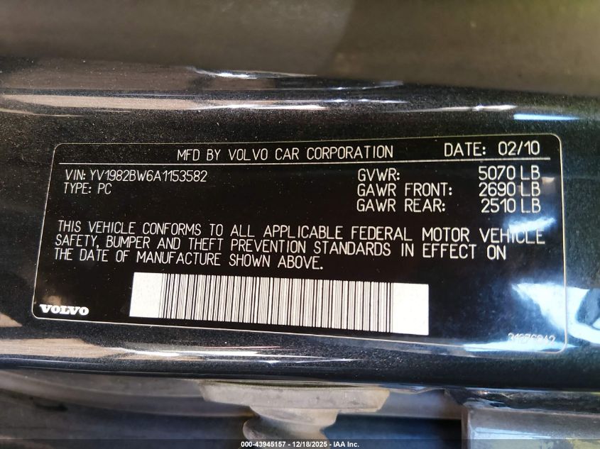 2010 Volvo V70 3.2/3.2 R-Design VIN: YV1982BW6A1153582 Lot: 43945157