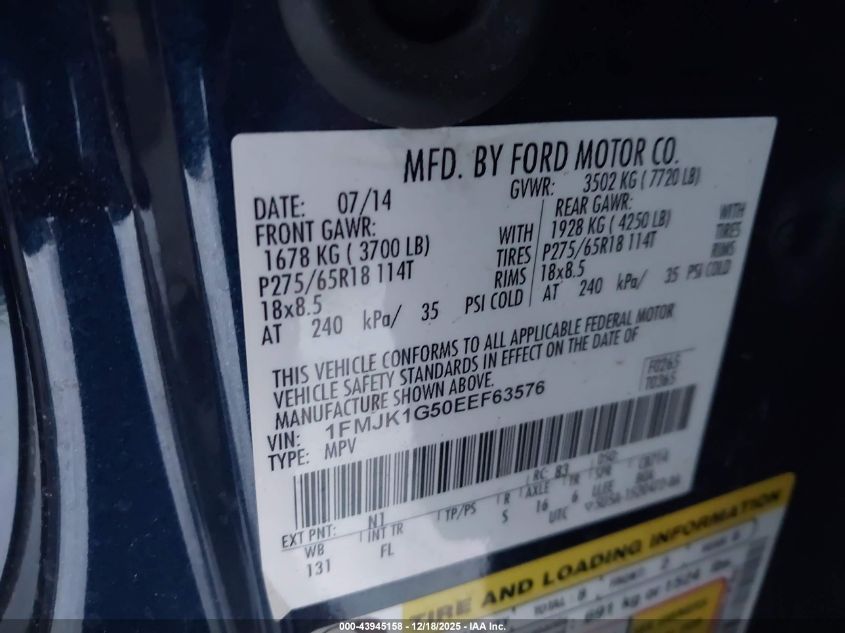 2014 Ford Expedition El Xl VIN: 1FMJK1G50EEF63576 Lot: 43945158