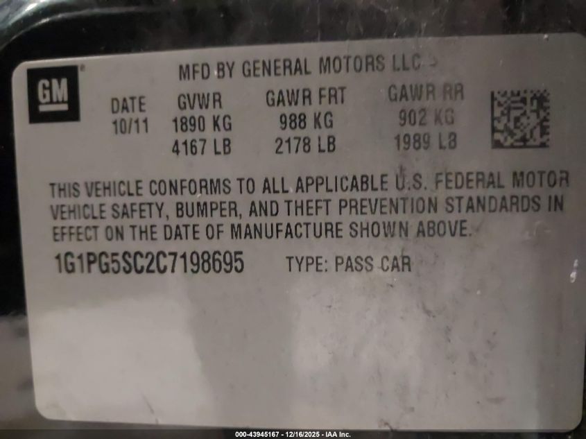 2012 Chevrolet Cruze 2Lt VIN: 1G1PG5SC2C7198695 Lot: 43945167