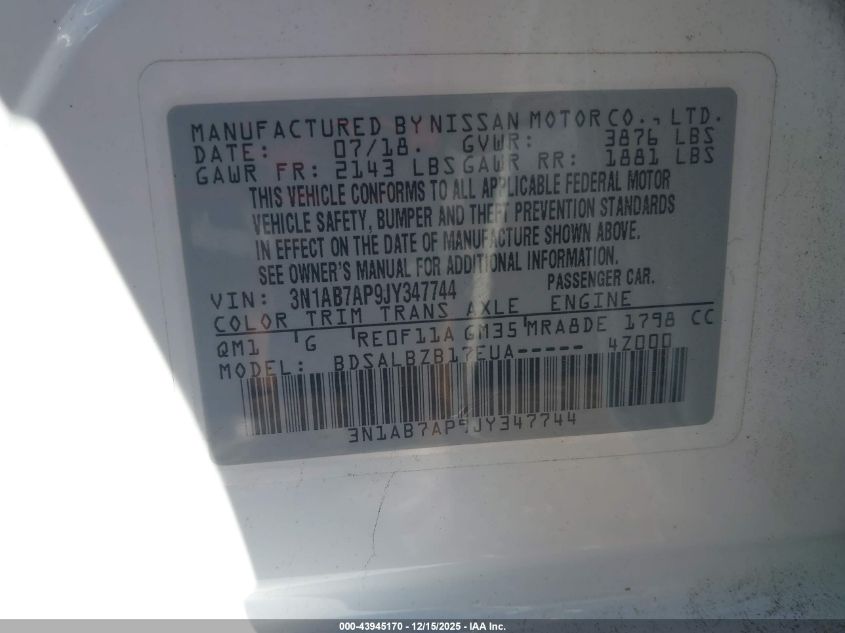 2018 Nissan Sentra S VIN: 3N1AB7AP9JY347744 Lot: 43945170