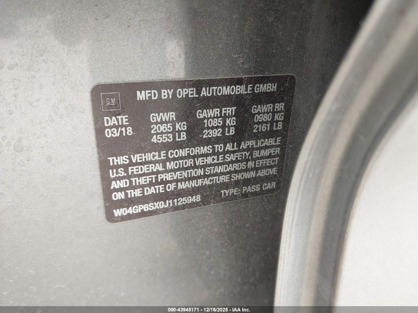 2018 Buick Regal Sportback Essence VIN: W04GP6SX0J1125948 Lot: 43945171