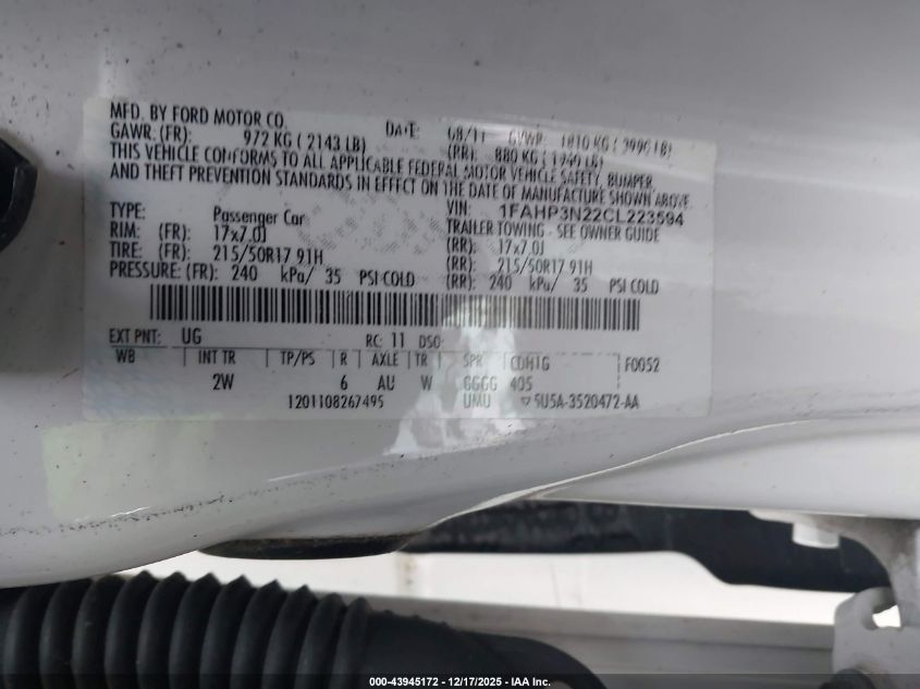 2012 Ford Focus Titanium VIN: 1FAHP3N22CL223594 Lot: 43945172