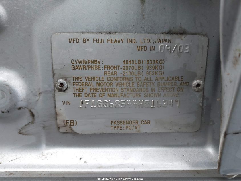 2004 Subaru Impreza Outback Sport VIN: JF1GG68544H816347 Lot: 43945177