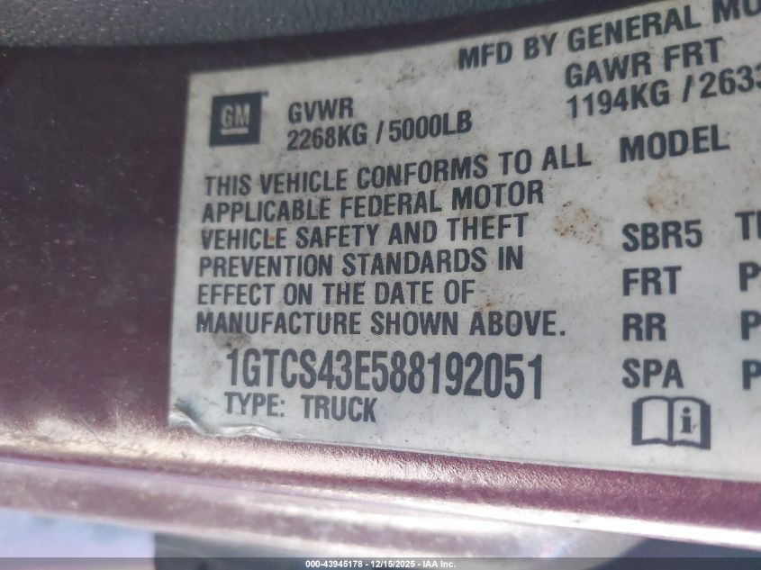2008 GMC Canyon Sle2 VIN: 1GTCS43E588192051 Lot: 43945178